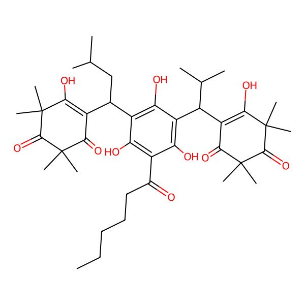 2D Structure of 4-[1-[3-Hexanoyl-2,4,6-trihydroxy-5-[1-(2-hydroxy-3,3,5,5-tetramethyl-4,6-dioxocyclohexen-1-yl)-2-methylpropyl]phenyl]-3-methylbutyl]-5-hydroxy-2,2,6,6-tetramethylcyclohex-4-ene-1,3-dione