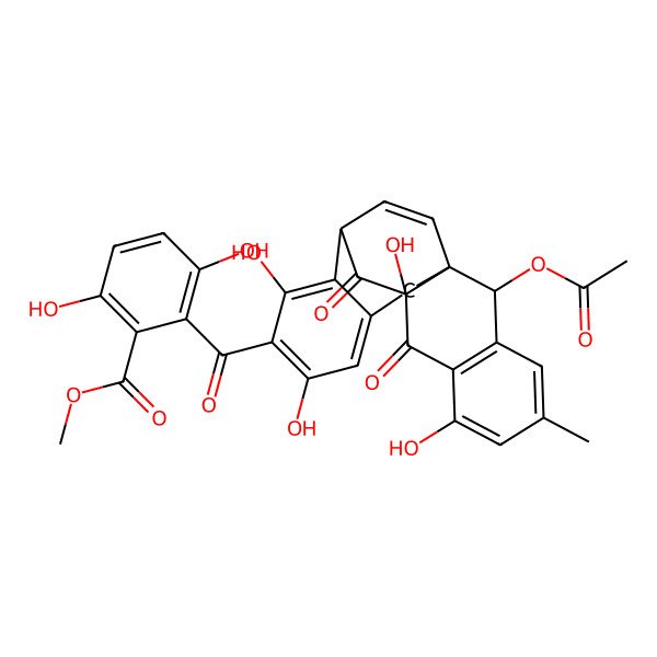 2D Structure of Methyl 2-(2-acetyloxy-7,10,14,16-tetrahydroxy-5-methyl-9,11-dioxopentacyclo[10.7.2.01,10.03,8.013,18]henicosa-3(8),4,6,13,15,17,20-heptaene-15-carbonyl)-3,6-dihydroxybenzoate