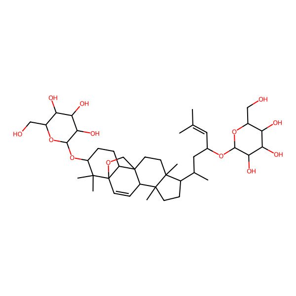 2D Structure of (2R,3S,4S,5R,6R)-2-(hydroxymethyl)-6-[[(1R,4S,5S,8R,9R,12S,13S,16S)-5,9,17,17-tetramethyl-8-[(2R,4R)-6-methyl-4-[(2R,3R,4R,5S,6R)-3,4,5-trihydroxy-6-(hydroxymethyl)oxan-2-yl]oxyhept-5-en-2-yl]-18-oxapentacyclo[10.5.2.01,13.04,12.05,9]nonadec-2-en-16-yl]oxy]oxane-3,4,5-triol