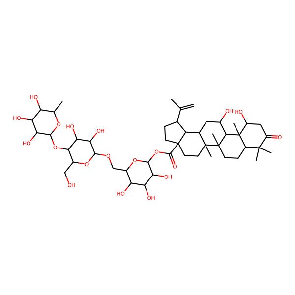 2D Structure of [6-[[3,4-dihydroxy-6-(hydroxymethyl)-5-(3,4,5-trihydroxy-6-methyloxan-2-yl)oxyoxan-2-yl]oxymethyl]-3,4,5-trihydroxyoxan-2-yl] 11,12-dihydroxy-5a,5b,8,8,11a-pentamethyl-9-oxo-1-prop-1-en-2-yl-2,3,4,5,6,7,7a,10,11,11b,12,13,13a,13b-tetradecahydro-1H-cyclopenta[a]chrysene-3a-carboxylate