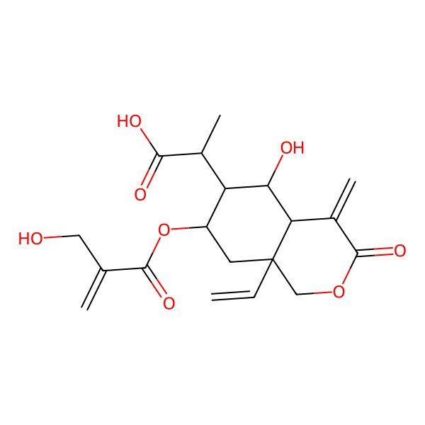 2D Structure of 2-[8a-Ethenyl-5-hydroxy-7-[2-(hydroxymethyl)prop-2-enoyloxy]-4-methylidene-3-oxo-1,4a,5,6,7,8-hexahydroisochromen-6-yl]propanoic acid