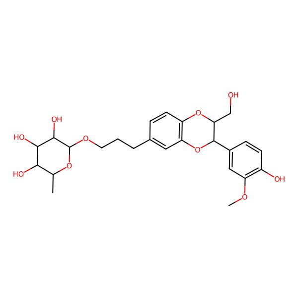 2D Structure of (2S,3R,4R,5R,6S)-2-[3-[(2S,3R)-3-(4-hydroxy-3-methoxyphenyl)-2-(hydroxymethyl)-2,3-dihydro-1,4-benzodioxin-6-yl]propoxy]-6-methyloxane-3,4,5-triol