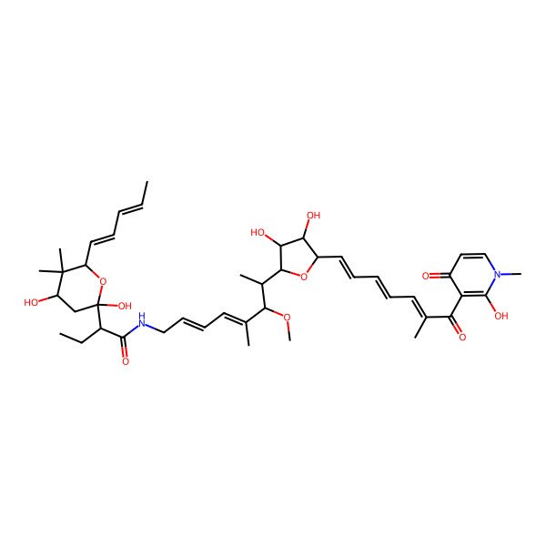 2D Structure of (2S)-2-[(2S,4S,6S)-2,4-dihydroxy-5,5-dimethyl-6-[(1E,3E)-penta-1,3-dienyl]oxan-2-yl]-N-[(2E,4E,6S,7R)-7-[(2S,3S,4R,5R)-3,4-dihydroxy-5-[(1E,3E,5E)-7-(2-hydroxy-1-methyl-4-oxopyridin-3-yl)-6-methyl-7-oxohepta-1,3,5-trienyl]oxolan-2-yl]-6-methoxy-5-methylocta-2,4-dienyl]butanamide
