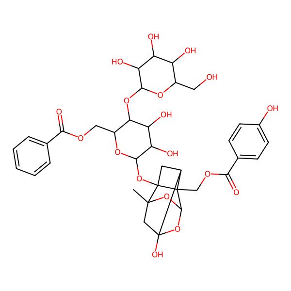 2D Structure of [(2S,3S,5S,6R,8S)-3-[(2S,3R,4R,5S,6R)-6-(benzoyloxymethyl)-3,4-dihydroxy-5-[(2S,3R,4S,5S,6R)-3,4,5-trihydroxy-6-(hydroxymethyl)oxan-2-yl]oxyoxan-2-yl]oxy-6-hydroxy-8-methyl-9,10-dioxatetracyclo[4.3.1.02,5.03,8]decan-2-yl]methyl 4-hydroxybenzoate