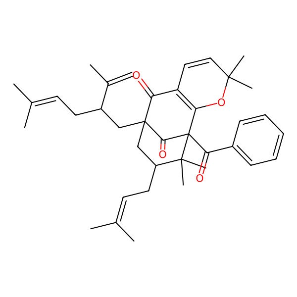 2D Structure of 1-Benzoyl-4,4,12,12-tetramethyl-11-(3-methylbut-2-enyl)-9-(5-methyl-2-prop-1-en-2-ylhex-4-enyl)-3-oxatricyclo[7.3.1.02,7]trideca-2(7),5-diene-8,13-dione