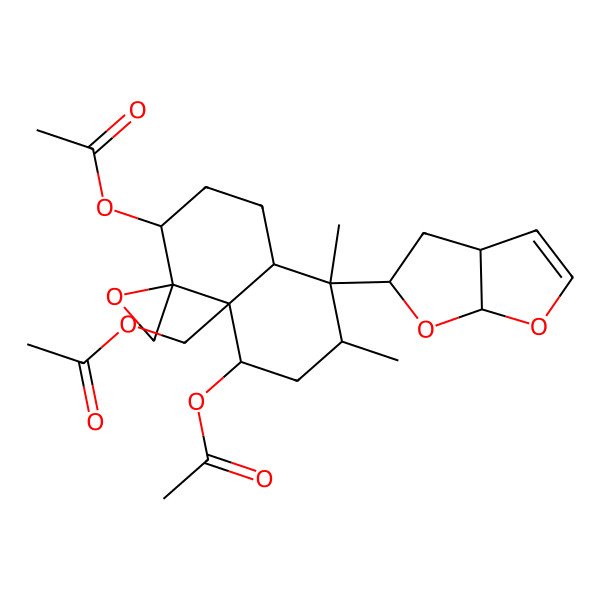 2D Structure of (1R,2S,4aS,5R,6S,8R,8aS)-8a-[(acetyloxy)methyl]-5,6-dimethyl-5-[(2R,3aR,6aR)-2,3,3a,6a-tetrahydrofuro[2,3-b]furan-2-yl]octahydro-2H-spiro[naphthalene-1,2'-oxirane]-2,8-diyl diacetate