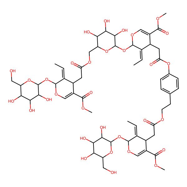 2D Structure of methyl (4S,5E,6S)-5-ethylidene-4-[2-[2-[4-[2-[(2S,3E,4S)-3-ethylidene-2-[(2S,3R,4S,5S,6R)-6-[[2-[(2S,3Z,4S)-3-ethylidene-5-methoxycarbonyl-2-[(2S,3R,4S,5S,6R)-3,4,5-trihydroxy-6-(hydroxymethyl)oxan-2-yl]oxy-4H-pyran-4-yl]acetyl]oxymethyl]-3,4,5-trihydroxyoxan-2-yl]oxy-5-methoxycarbonyl-4H-pyran-4-yl]acetyl]oxyphenyl]ethoxy]-2-oxoethyl]-6-[(2S,3R,4S,5S,6R)-3,4,5-trihydroxy-6-(hydroxymethyl)oxan-2-yl]oxy-4H-pyran-3-carboxylate