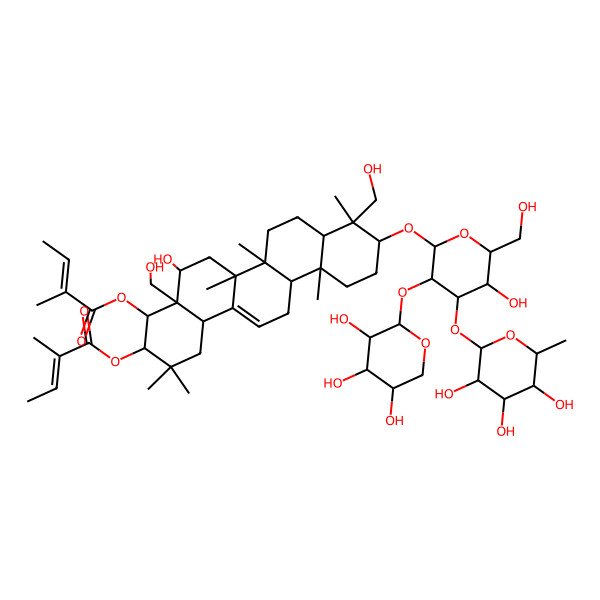 2D Structure of [(3R,4R,4aR,5R,6aR,6aS,6bR,8aR,9S,10S,12aR,14bS)-5-hydroxy-10-[(2R,3R,4S,5R,6R)-5-hydroxy-6-(hydroxymethyl)-4-[(2S,3R,4R,5R,6S)-3,4,5-trihydroxy-6-methyloxan-2-yl]oxy-3-[(2S,3R,4S,5R)-3,4,5-trihydroxyoxan-2-yl]oxyoxan-2-yl]oxy-4a,9-bis(hydroxymethyl)-2,2,6a,6b,9,12a-hexamethyl-4-[(Z)-2-methylbut-2-enoyl]oxy-1,3,4,5,6,6a,7,8,8a,10,11,12,13,14b-tetradecahydropicen-3-yl] (Z)-2-methylbut-2-enoate
