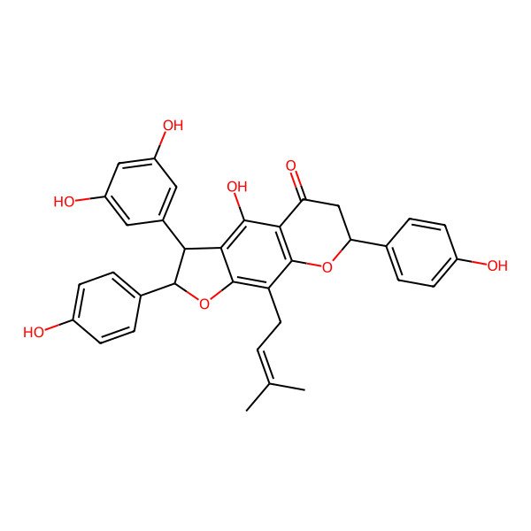 2D Structure of (2R,3S,7S)-3-(3,5-dihydroxyphenyl)-4-hydroxy-2,7-bis(4-hydroxyphenyl)-9-(3-methylbut-2-enyl)-2,3,6,7-tetrahydrofuro[3,2-g]chromen-5-one