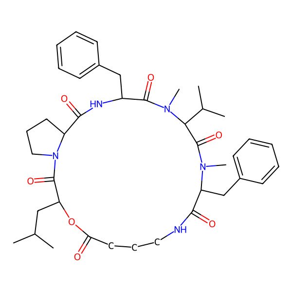 2D Structure of 11,17-Dibenzyl-12,15-dimethyl-3-(2-methylpropyl)-14-propan-2-yl-4-oxa-1,9,12,15,18-pentazabicyclo[18.3.0]tricosane-2,5,10,13,16,19-hexone