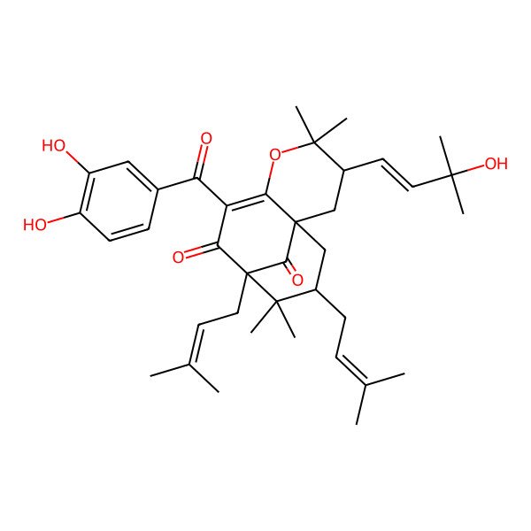 2D Structure of (1S,3R,9R,11R)-7-(3,4-dihydroxybenzoyl)-3-[(E)-3-hydroxy-3-methylbut-1-enyl]-4,4,10,10-tetramethyl-9,11-bis(3-methylbut-2-enyl)-5-oxatricyclo[7.3.1.01,6]tridec-6-ene-8,13-dione