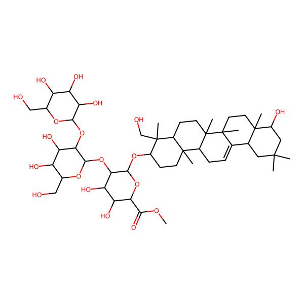 2D Structure of methyl (2S,3S,4S,5R,6R)-6-[[(3S,4S,4aR,6aR,6bS,8aR,9R,12aS,14aR,14bR)-9-hydroxy-4-(hydroxymethyl)-4,6a,6b,8a,11,11,14b-heptamethyl-1,2,3,4a,5,6,7,8,9,10,12,12a,14,14a-tetradecahydropicen-3-yl]oxy]-5-[(2S,3R,4S,5S,6R)-4,5-dihydroxy-6-(hydroxymethyl)-3-[(2S,3R,4S,5S,6R)-3,4,5-trihydroxy-6-(hydroxymethyl)oxan-2-yl]oxyoxan-2-yl]oxy-3,4-dihydroxyoxane-2-carboxylate