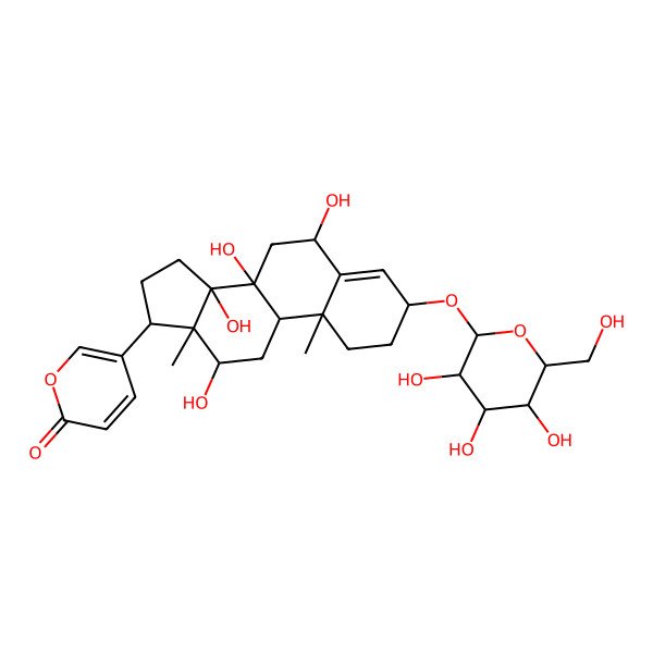 2D Structure of 5-[(3S,6R,8S,9R,10R,12R,13S,14R,17R)-6,8,12,14-tetrahydroxy-10,13-dimethyl-3-[(2R,3R,4S,5S,6R)-3,4,5-trihydroxy-6-(hydroxymethyl)oxan-2-yl]oxy-2,3,6,7,9,11,12,15,16,17-decahydro-1H-cyclopenta[a]phenanthren-17-yl]pyran-2-one