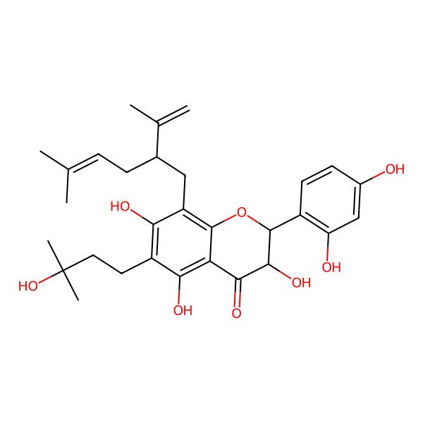 2D Structure of 2-(2,4-Dihydroxyphenyl)-3,5,7-trihydroxy-6-(3-hydroxy-3-methylbutyl)-8-(5-methyl-2-prop-1-en-2-ylhex-4-enyl)-2,3-dihydrochromen-4-one