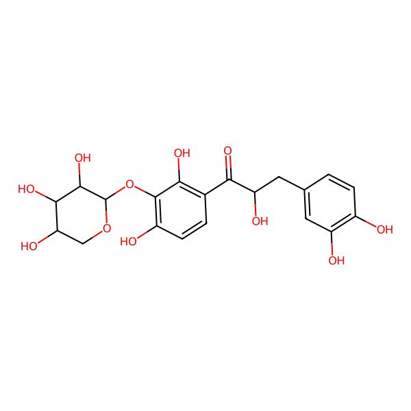 2D Structure of (2R)-3-(3,4-dihydroxyphenyl)-1-[2,4-dihydroxy-3-[(2S,3R,4S,5R)-3,4,5-trihydroxyoxan-2-yl]oxyphenyl]-2-hydroxypropan-1-one