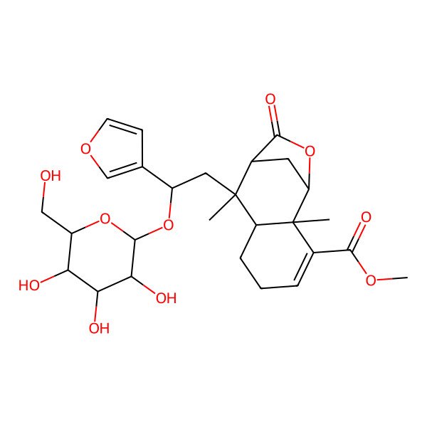 2D Structure of methyl (1R,2R,7S,8S,9R)-8-[2-(furan-3-yl)-2-[3,4,5-trihydroxy-6-(hydroxymethyl)oxan-2-yl]oxyethyl]-2,8-dimethyl-10-oxo-11-oxatricyclo[7.2.1.02,7]dodec-3-ene-3-carboxylate