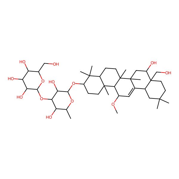 2D Structure of (2S,3R,4S,5S,6R)-2-[(2R,3R,4S,5S,6R)-2-[[(3S,4aR,6aR,6bS,8S,8aS,12aS,14R,14aR,14bS)-8-hydroxy-8a-(hydroxymethyl)-14-methoxy-4,4,6a,6b,11,11,14b-heptamethyl-1,2,3,4a,5,6,7,8,9,10,12,12a,14,14a-tetradecahydropicen-3-yl]oxy]-3,5-dihydroxy-6-methyloxan-4-yl]oxy-6-(hydroxymethyl)oxane-3,4,5-triol