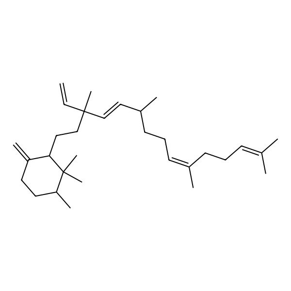 2D Structure of 2-[(4E,9E)-3-ethenyl-3,6,10,14-tetramethylpentadeca-4,9,13-trienyl]-1,1,6-trimethyl-3-methylidenecyclohexane