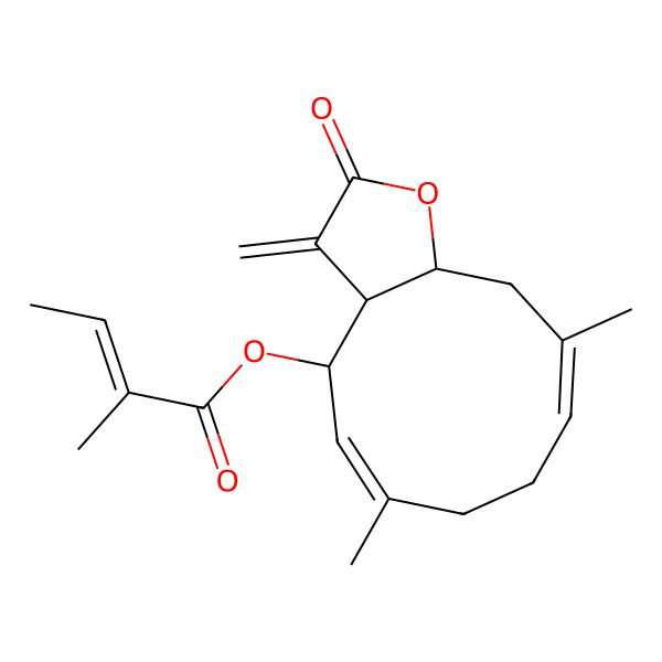 2D Structure of [(3aR,4S,5E,9E,11aS)-6,10-dimethyl-3-methylidene-2-oxo-3a,4,7,8,11,11a-hexahydrocyclodeca[b]furan-4-yl] (Z)-2-methylbut-2-enoate