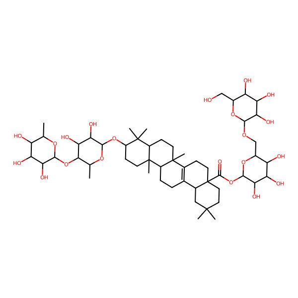 2D Structure of [(2S,3R,4S,5S,6R)-3,4,5-trihydroxy-6-[[(2R,3R,4S,5S,6R)-3,4,5-trihydroxy-6-(hydroxymethyl)oxan-2-yl]oxymethyl]oxan-2-yl] (4aS,6aR,6bR,8aR,10S,12aR,14bS)-10-[(2R,3R,4R,5S,6R)-3,4-dihydroxy-6-methyl-5-[(2S,3R,4R,5R,6S)-3,4,5-trihydroxy-6-methyloxan-2-yl]oxyoxan-2-yl]oxy-2,2,6b,9,9,12a-hexamethyl-3,4,5,6,6a,7,8,8a,10,11,12,13,14,14b-tetradecahydro-1H-picene-4a-carboxylate