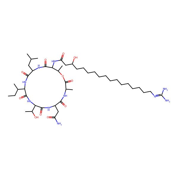 2D Structure of N-[6-(2-amino-2-oxoethyl)-12-butan-2-yl-9-(1-hydroxyethyl)-3,19-dimethyl-15-(2-methylpropyl)-2,5,8,11,14,17-hexaoxo-1-oxa-4,7,10,13,16-pentazacyclononadec-18-yl]-17-(diaminomethylideneamino)-3-hydroxyheptadecanamide