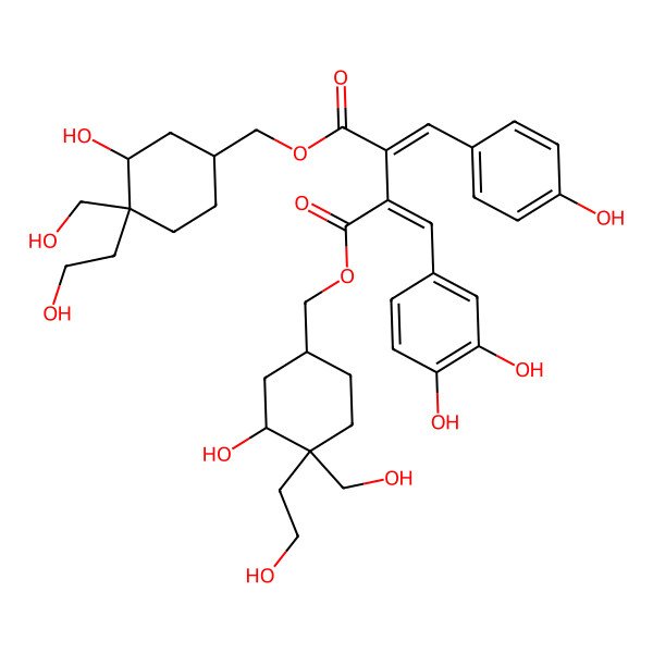 2D Structure of bis[[(1S,3S,4R)-3-hydroxy-4-(2-hydroxyethyl)-4-(hydroxymethyl)cyclohexyl]methyl] (2E,3E)-2-[(3,4-dihydroxyphenyl)methylidene]-3-[(4-hydroxyphenyl)methylidene]butanedioate
