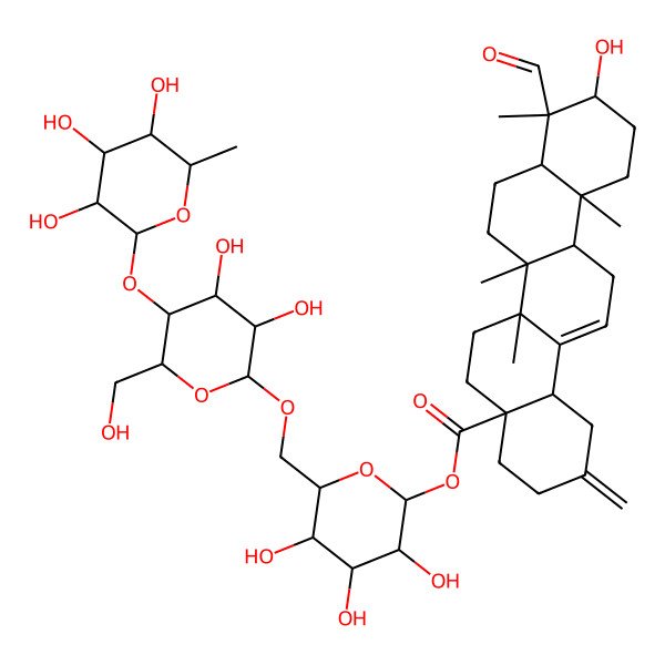 2D Structure of [(2S,3R,4S,5S,6R)-6-[[(2R,3R,4R,5S,6R)-3,4-dihydroxy-6-(hydroxymethyl)-5-[(2S,3R,4R,5R,6S)-3,4,5-trihydroxy-6-methyloxan-2-yl]oxyoxan-2-yl]oxymethyl]-3,4,5-trihydroxyoxan-2-yl] (4aS,6aR,6aS,6bR,8aR,9S,10S,12aR,14bS)-9-formyl-10-hydroxy-6a,6b,9,12a-tetramethyl-2-methylidene-1,3,4,5,6,6a,7,8,8a,10,11,12,13,14b-tetradecahydropicene-4a-carboxylate