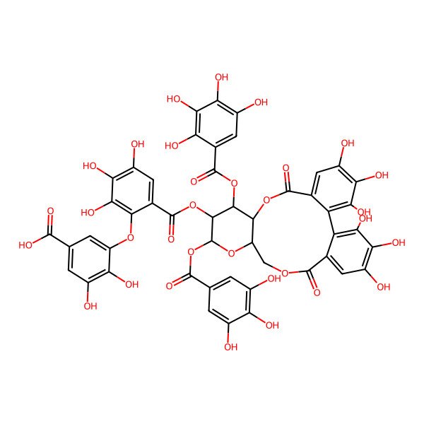 2D Structure of 3-[6-[[(10R,11S,12R,13S,15R)-3,4,5,21,22,23-hexahydroxy-8,18-dioxo-11-(2,3,4,5-tetrahydroxybenzoyl)oxy-13-(3,4,5-trihydroxybenzoyl)oxy-9,14,17-trioxatetracyclo[17.4.0.02,7.010,15]tricosa-1(23),2,4,6,19,21-hexaen-12-yl]oxycarbonyl]-2,3,4-trihydroxyphenoxy]-4,5-dihydroxybenzoic acid