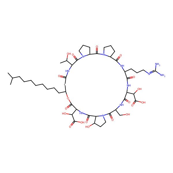 2D Structure of (2R)-2-[(1R,7S,10S,13R,16S,21S,22S,25S,28R,32R)-25-[(S)-carboxy(hydroxy)methyl]-10-[3-(diaminomethylideneamino)propyl]-21-hydroxy-32-[(1R)-1-hydroxyethyl]-16-(hydroxymethyl)-28-(9-methyldecyl)-2,8,11,14,17,23,26,30,33-nonaoxo-27-oxa-3,9,12,15,18,24,31,34-octazatetracyclo[32.3.0.03,7.018,22]heptatriacontan-13-yl]-2-hydroxyacetic acid