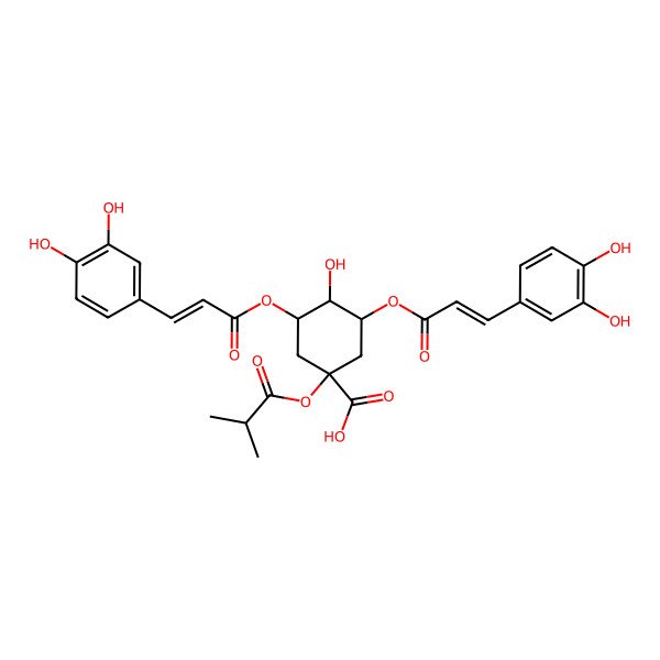 2D Structure of 3,5-Bis[3-(3,4-dihydroxyphenyl)prop-2-enoyloxy]-4-hydroxy-1-(2-methylpropanoyloxy)cyclohexane-1-carboxylic acid