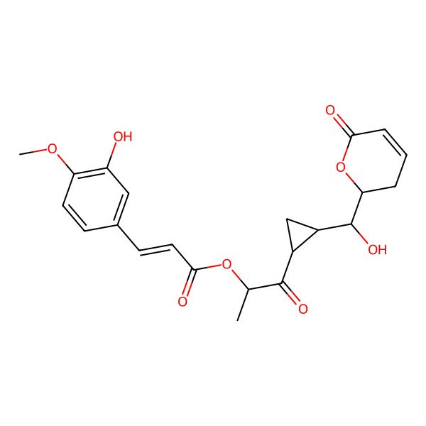 2D Structure of [1-[2-[Hydroxy-(6-oxo-2,3-dihydropyran-2-yl)methyl]cyclopropyl]-1-oxopropan-2-yl] 3-(3-hydroxy-4-methoxyphenyl)prop-2-enoate