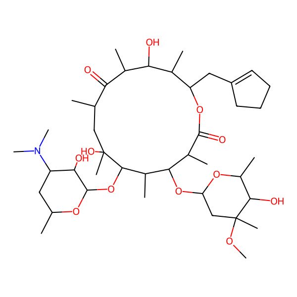 2D Structure of 14-(Cyclopenten-1-ylmethyl)-6-[4-(dimethylamino)-3-hydroxy-6-methyloxan-2-yl]oxy-7,12-dihydroxy-4-(5-hydroxy-4-methoxy-4,6-dimethyloxan-2-yl)oxy-3,5,7,9,11,13-hexamethyl-oxacyclotetradecane-2,10-dione