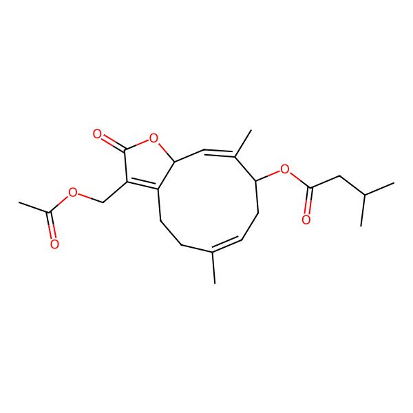 2D Structure of [(6E,9S,10E,11aR)-3-(acetyloxymethyl)-6,10-dimethyl-2-oxo-5,8,9,11a-tetrahydro-4H-cyclodeca[b]furan-9-yl] 3-methylbutanoate