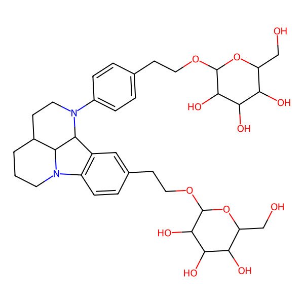 2D Structure of 2-(Hydroxymethyl)-6-[2-[4-[12-[2-[3,4,5-trihydroxy-6-(hydroxymethyl)oxan-2-yl]oxyethyl]-1,8-diazatetracyclo[7.6.1.05,16.010,15]hexadeca-10(15),11,13-trien-8-yl]phenyl]ethoxy]oxane-3,4,5-triol