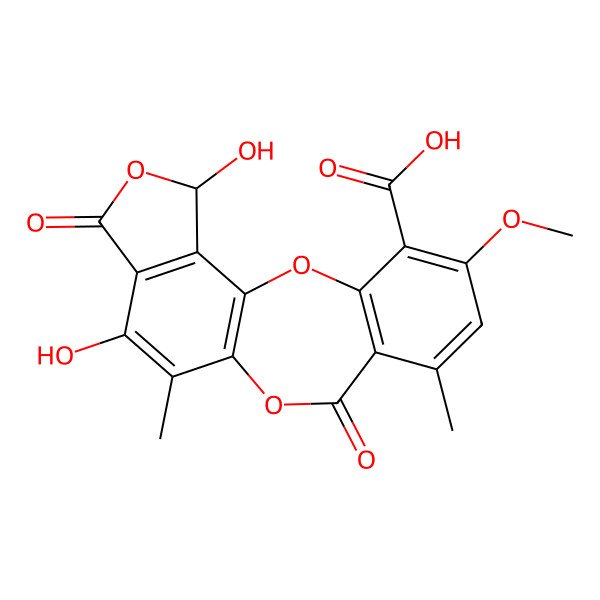 2D Structure of 13,17-Dihydroxy-5-methoxy-7,12-dimethyl-9,15-dioxo-2,10,16-trioxatetracyclo[9.7.0.03,8.014,18]octadeca-1(11),3(8),4,6,12,14(18)-hexaene-4-carboxylic acid