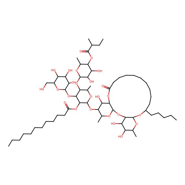 2D Structure of [5-[3,4-Dihydroxy-6-methyl-5-(2-methylbutanoyloxy)oxan-2-yl]oxy-6-methyl-2-[(7,25,26-trihydroxy-5,24-dimethyl-10-oxo-20-pentyl-2,4,9,21,23-pentaoxatricyclo[20.4.0.03,8]hexacosan-6-yl)oxy]-4-[3,4,5-trihydroxy-6-(hydroxymethyl)oxan-2-yl]oxyoxan-3-yl] dodecanoate