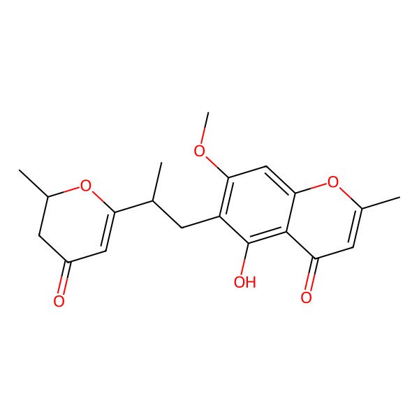 2D Structure of 5-hydroxy-7-methoxy-2-methyl-6-[(2S)-2-[(2S)-2-methyl-4-oxo-2,3-dihydropyran-6-yl]propyl]chromen-4-one