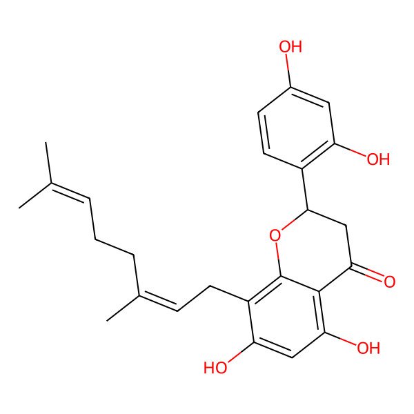 2D Structure of (2R)-2-(2,4-dihydroxyphenyl)-8-[(2E)-3,7-dimethylocta-2,6-dienyl]-5,7-dihydroxy-2,3-dihydrochromen-4-one
