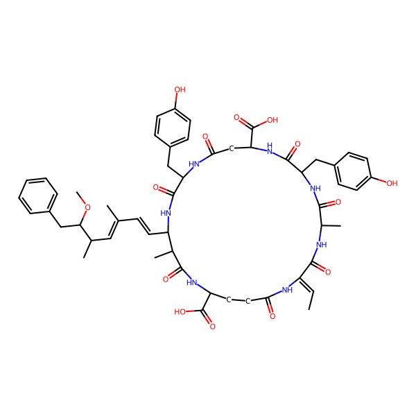 2D Structure of (2E,5R,8S,11R,15S,18S,19S,22R)-2-ethylidene-8,15-bis[(4-hydroxyphenyl)methyl]-18-[(1E,3E,5S,6S)-6-methoxy-3,5-dimethyl-7-phenylhepta-1,3-dienyl]-5,19-dimethyl-3,6,9,13,16,20,25-heptaoxo-1,4,7,10,14,17,21-heptazacyclopentacosane-11,22-dicarboxylic acid