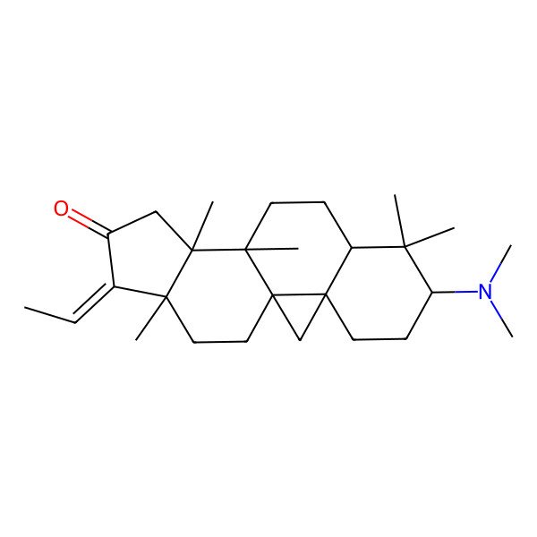 2D Structure of (1R,3R,6S,8R,11S,12S,15E,16S)-6-(dimethylamino)-15-ethylidene-7,7,11,12,16-pentamethylpentacyclo[9.7.0.01,3.03,8.012,16]octadecan-14-one