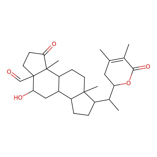 2D Structure of (3aR,3bS,5aS,6R,8aS,8bS,10R,10aS)-6-[(1S)-1-[(2R)-4,5-dimethyl-6-oxo-2,3-dihydropyran-2-yl]ethyl]-10-hydroxy-3a,5a-dimethyl-3-oxo-1,2,3b,4,5,6,7,8,8a,8b,9,10-dodecahydroindeno[6,7-e]indene-10a-carbaldehyde