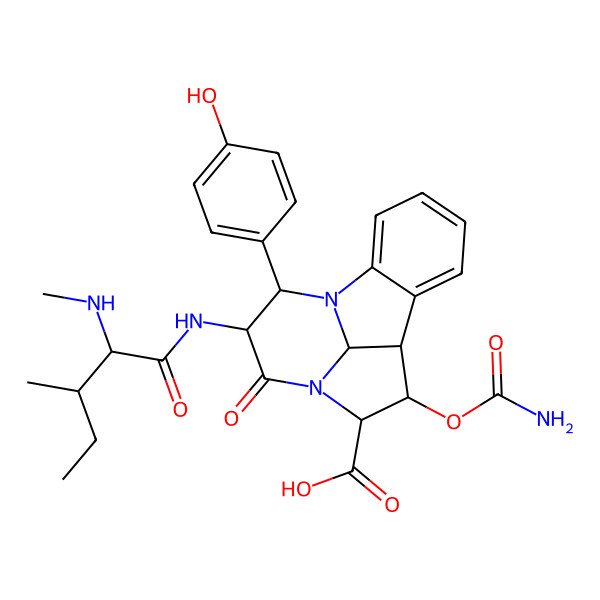 2D Structure of 9-Carbamoyloxy-14-(4-hydroxyphenyl)-13-[[3-methyl-2-(methylamino)pentanoyl]amino]-12-oxo-1,11-diazatetracyclo[6.6.1.02,7.011,15]pentadeca-2,4,6-triene-10-carboxylic acid