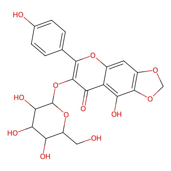 2D Structure of 9-hydroxy-6-(4-hydroxyphenyl)-7-[(2S,3R,4S,5S,6R)-3,4,5-trihydroxy-6-(hydroxymethyl)oxan-2-yl]oxy-[1,3]dioxolo[4,5-g]chromen-8-one