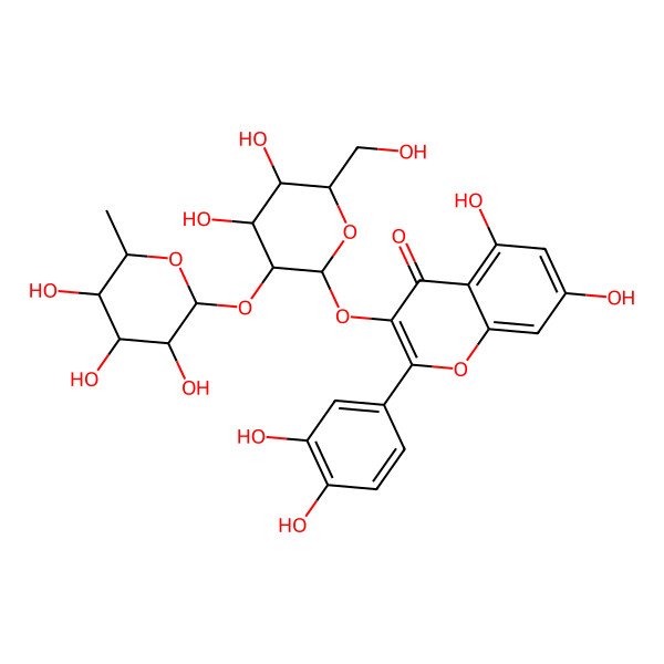 2D Structure of 3-[(2S,3R,4S,5R,6R)-4,5-dihydroxy-6-(hydroxymethyl)-3-[(2S,3R,4R,5R,6R)-3,4,5-trihydroxy-6-methyloxan-2-yl]oxyoxan-2-yl]oxy-2-(3,4-dihydroxyphenyl)-5,7-dihydroxychromen-4-one