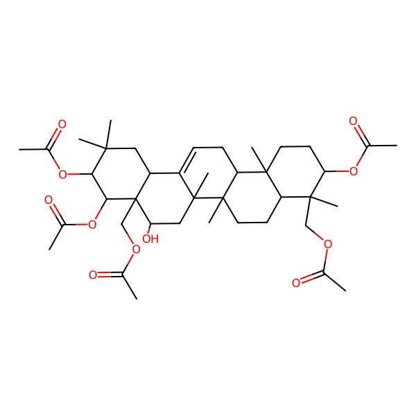 2D Structure of [(3S,4S,4aR,6aR,6bS,8R,8aR,9R,10R,12aS,14aR,14bR)-3,9,10-triacetyloxy-8a-(acetyloxymethyl)-8-hydroxy-4,6a,6b,11,11,14b-hexamethyl-1,2,3,4a,5,6,7,8,9,10,12,12a,14,14a-tetradecahydropicen-4-yl]methyl acetate