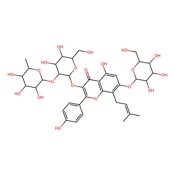 2D Structure of 3-[(2S,3R,4S,5S,6R)-4,5-dihydroxy-6-(hydroxymethyl)-3-[(2S,3R,4R,5R,6S)-3,4,5-trihydroxy-6-methyloxan-2-yl]oxyoxan-2-yl]oxy-5-hydroxy-2-(4-hydroxyphenyl)-8-(3-methylbut-2-enyl)-7-[(2S,3R,4S,5S,6R)-3,4,5-trihydroxy-6-(hydroxymethyl)oxan-2-yl]oxychromen-4-one