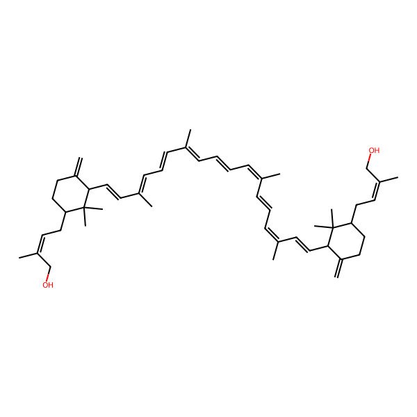 2D Structure of (E)-4-[(1R,3R)-3-[(1E,3E,5E,7E,9E,11E,13E,15E,17E)-18-[(1S,3R)-3-[(E)-4-hydroxy-3-methylbut-2-enyl]-2,2-dimethyl-6-methylidenecyclohexyl]-3,7,12,16-tetramethyloctadeca-1,3,5,7,9,11,13,15,17-nonaenyl]-2,2-dimethyl-4-methylidenecyclohexyl]-2-methylbut-2-en-1-ol