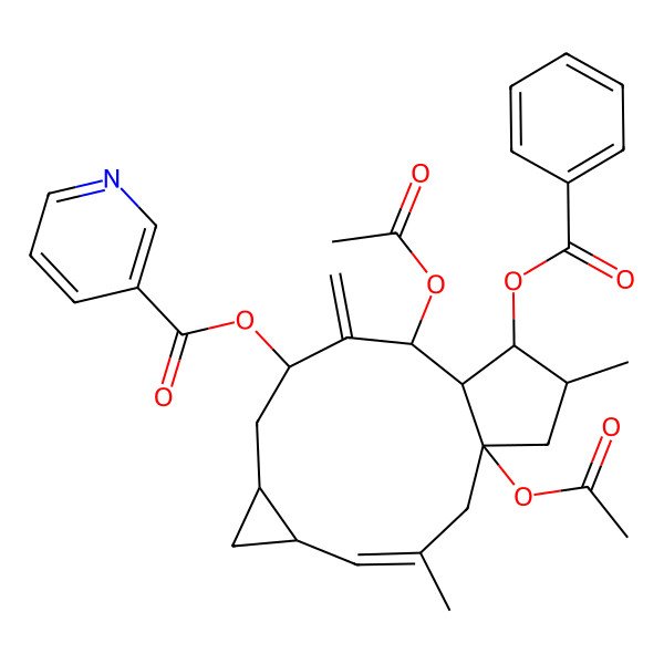 2D Structure of [(1S,3E,5S,7S,9S,11R,12R,13S,14S)-1,11-diacetyloxy-13-benzoyloxy-3,14-dimethyl-10-methylidene-9-tricyclo[10.3.0.05,7]pentadec-3-enyl] pyridine-3-carboxylate