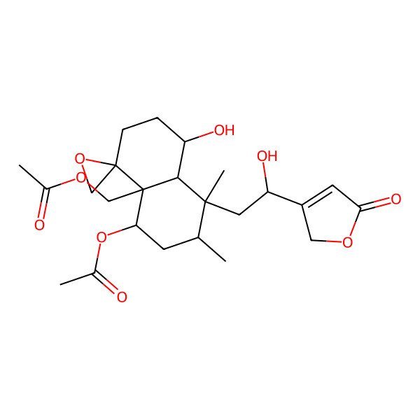 2D Structure of [5-acetyloxy-1-hydroxy-8-[2-hydroxy-2-(5-oxo-2H-furan-3-yl)ethyl]-7,8-dimethylspiro[2,3,5,6,7,8a-hexahydro-1H-naphthalene-4,2'-oxirane]-4a-yl]methyl acetate