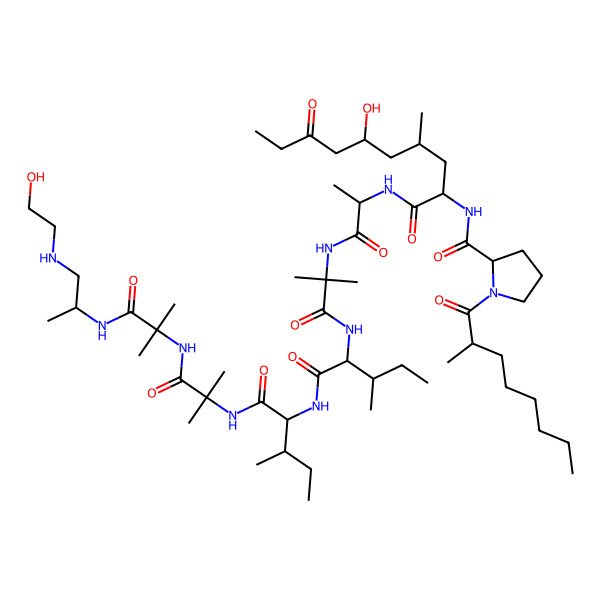2D Structure of N-[6-hydroxy-1-[[1-[[1-[[1-[[1-[[1-[[1-[1-(2-hydroxyethylamino)propan-2-ylamino]-2-methyl-1-oxopropan-2-yl]amino]-2-methyl-1-oxopropan-2-yl]amino]-3-methyl-1-oxopentan-2-yl]amino]-3-methyl-1-oxopentan-2-yl]amino]-2-methyl-1-oxopropan-2-yl]amino]-1-oxopropan-2-yl]amino]-4-methyl-1,8-dioxodecan-2-yl]-1-(2-methyloctanoyl)pyrrolidine-2-carboxamide